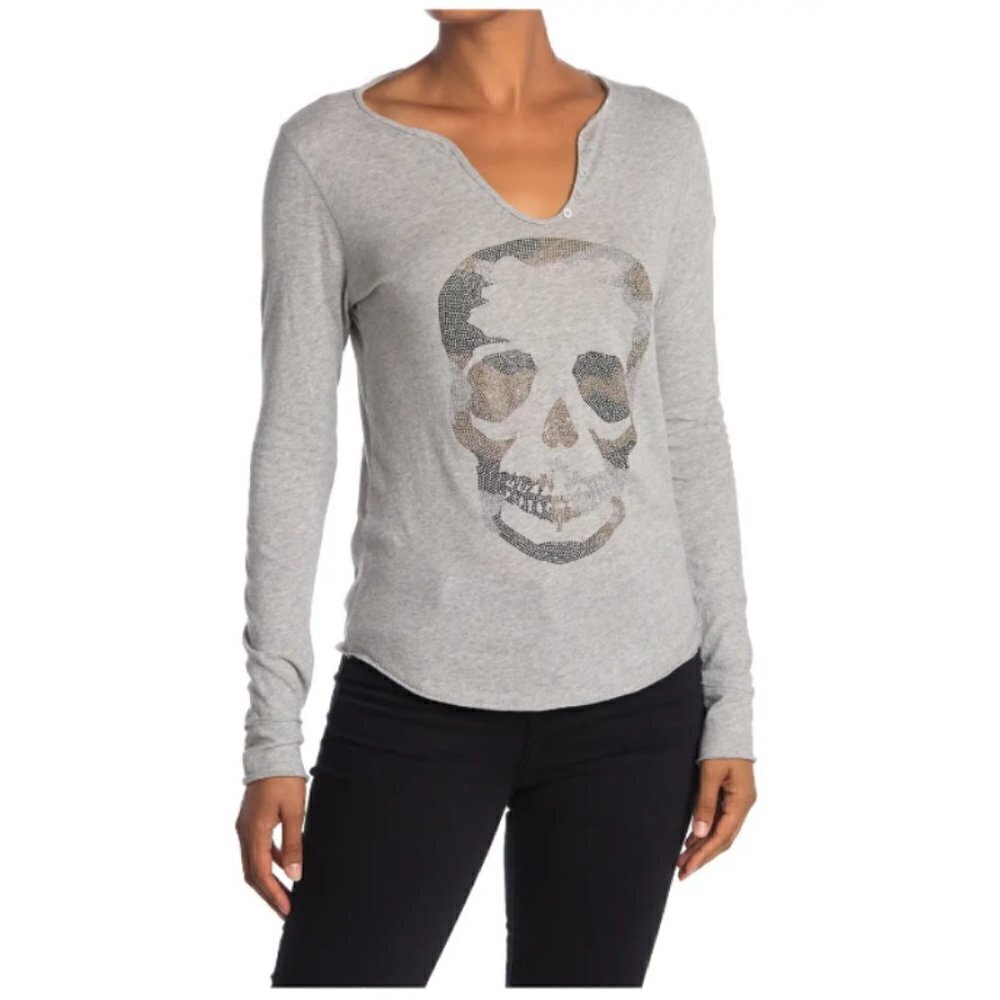 💕ZADIG & VOLTAIRE💕 Tunisien Skull Long Sleeve T-Shirt - Gris Chine Gray M NWT